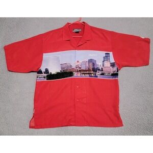 Johnny Blaze Shirt Mens Large Red Chicago Skyline Print Short Sleeve Loop Collar